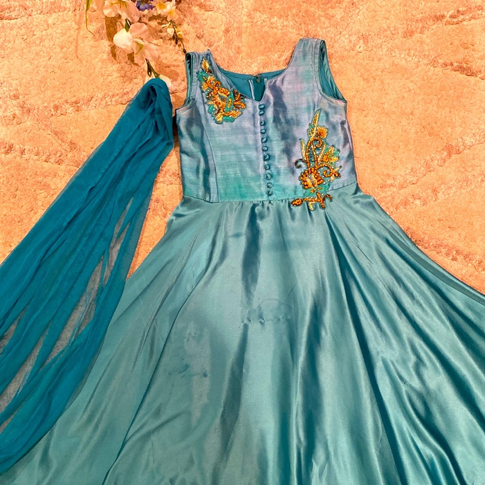 Teal color - bluish green princess dress with a shawl or dupatta
